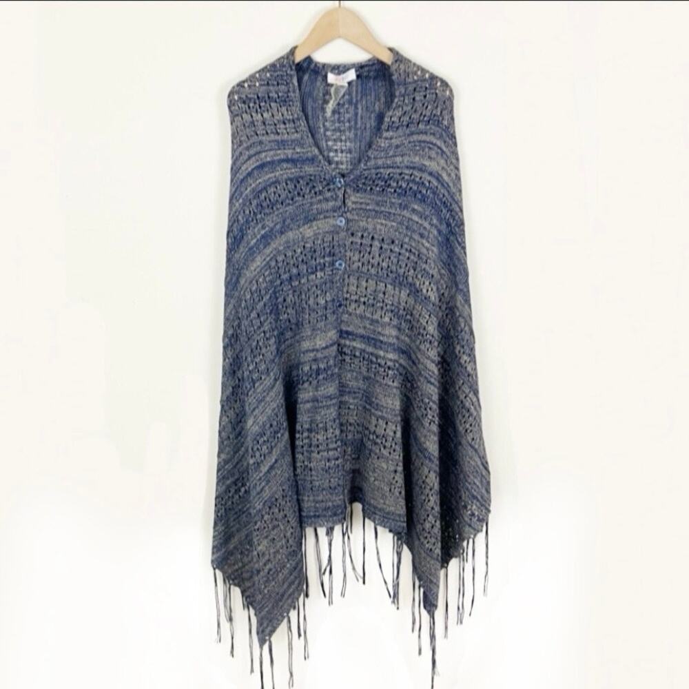 Lularoe Mimi Sweater Wrap Poncho Blue and Tan Marled Knit One Size